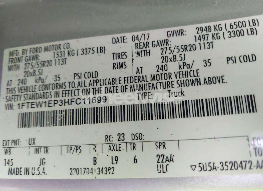 Photo 9 of 2017 Ford F-150 XL (VIN 1FTEW1EP3HFC11699)