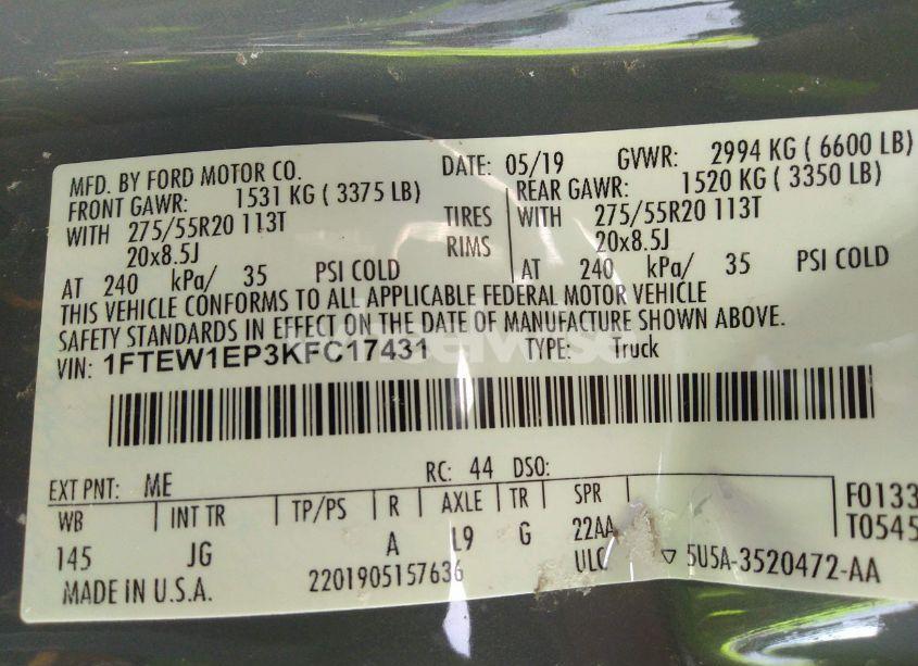 Photo 9 of 2019 Ford F-150 XL (VIN 1FTEW1EP3KFC17431)