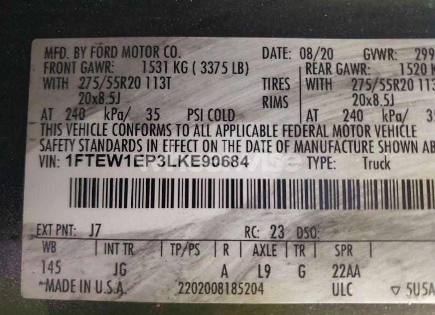 Photo 9 of 2020 Ford F-150 XL (VIN 1FTEW1EP3LKE90684)