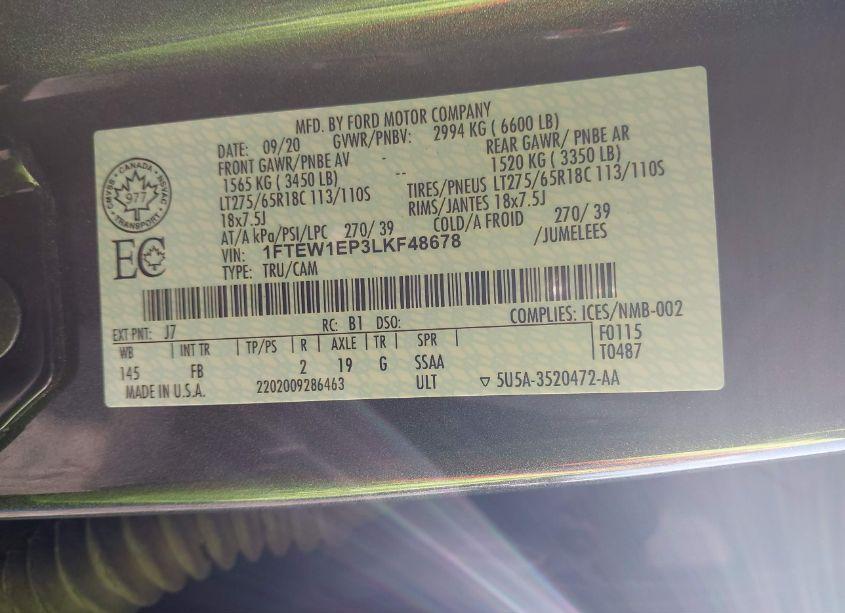 Photo 9 of 2020 Ford F-150 XLT (VIN 1FTEW1EP3LKF48678)