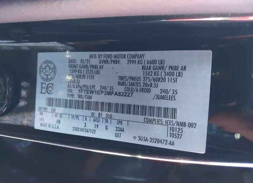 Photo 9 of 2021 Ford F-150 LARIAT (VIN 1FTEW1EP3MFA82227)