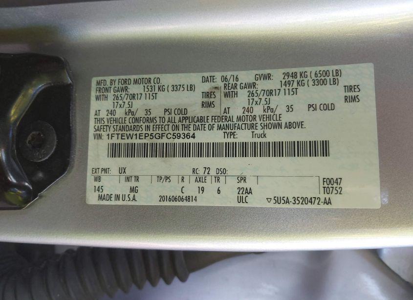 Photo 9 of 2016 Ford F-150 LARIAT/XL/XLT (VIN 1FTEW1EP5GFC59364)