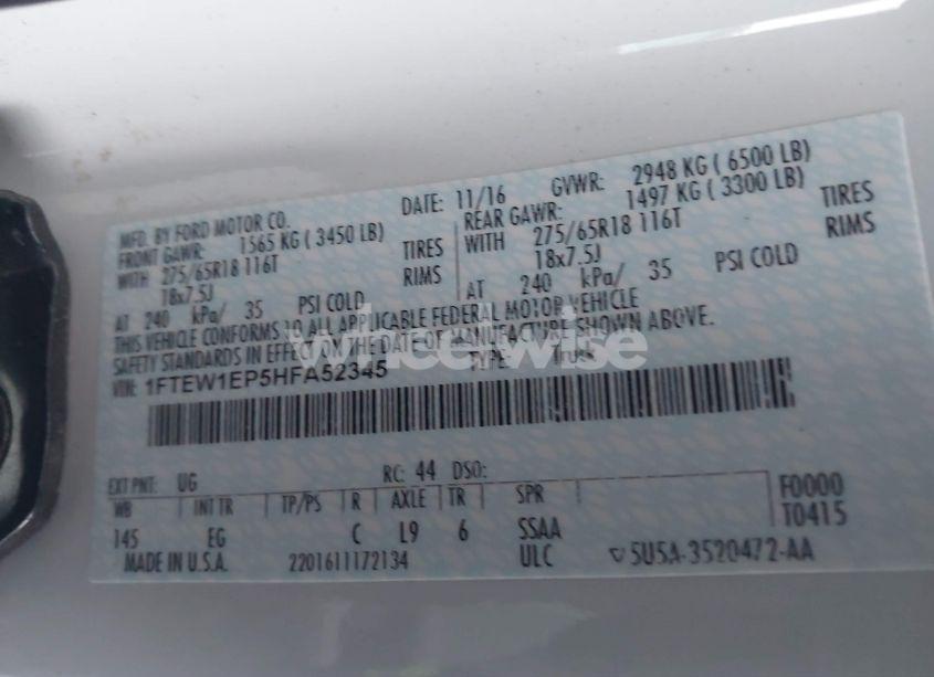 Photo 9 of 2017 Ford F-150 LARIAT (VIN 1FTEW1EP5HFA52345)