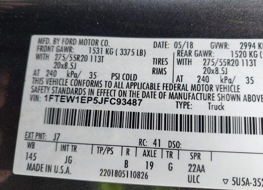 Photo 9 of 2018 Ford F-150 XL (VIN 1FTEW1EP5JFC93487)