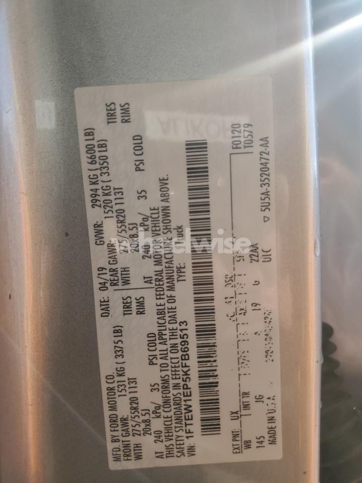 Photo 12 of 2019 FORD F150 SUPERCREW (VIN 1FTEW1EP5KFB69513)