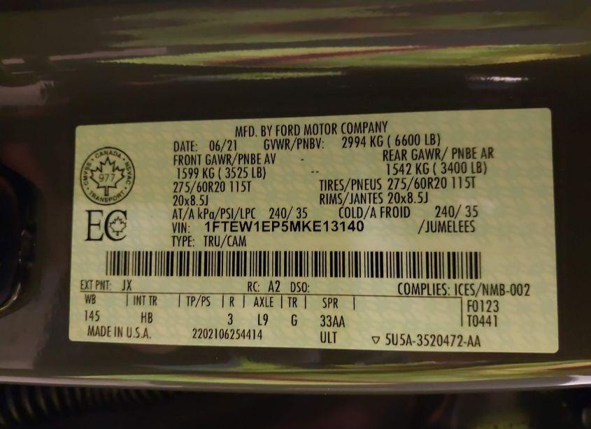 Photo 9 of 2021 Ford F-150 LARIAT (VIN 1FTEW1EP5MKE13140)