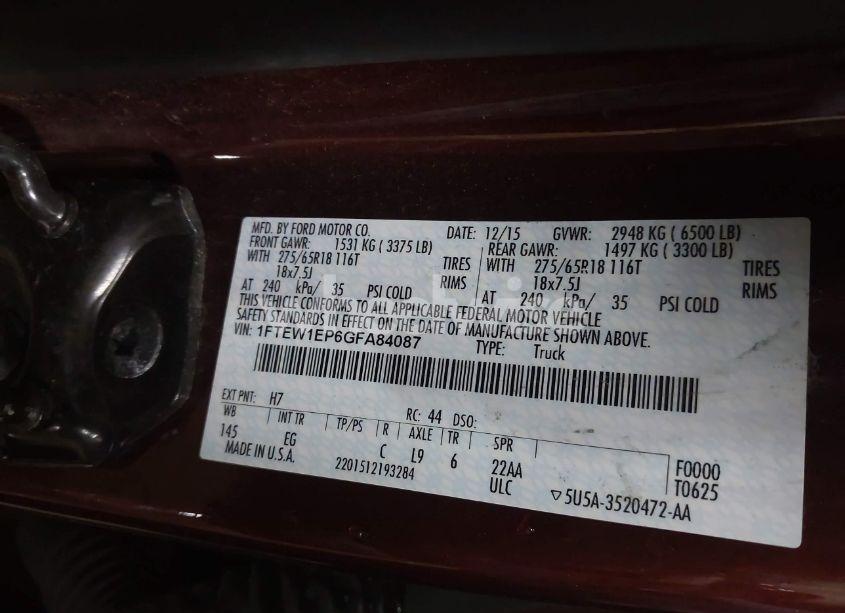 Photo 9 of 2016 Ford F-150 LARIAT (VIN 1FTEW1EP6GFA84087)