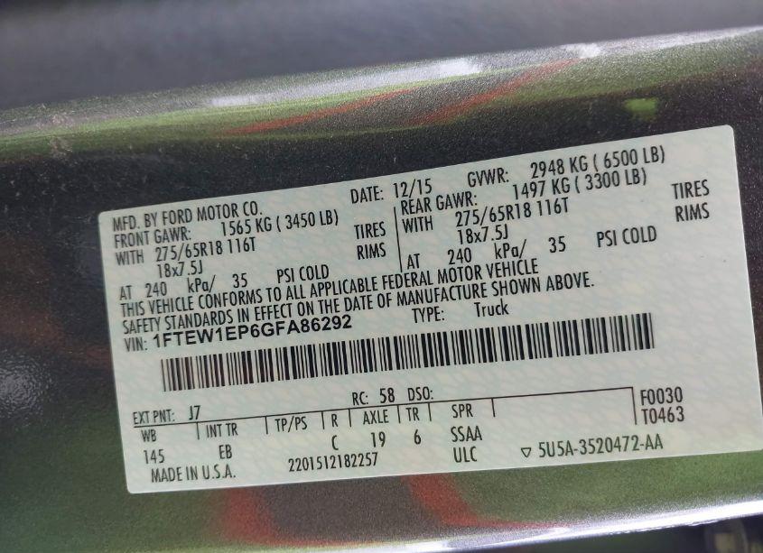 Photo 9 of 2016 Ford F-150 LARIAT (VIN 1FTEW1EP6GFA86292)