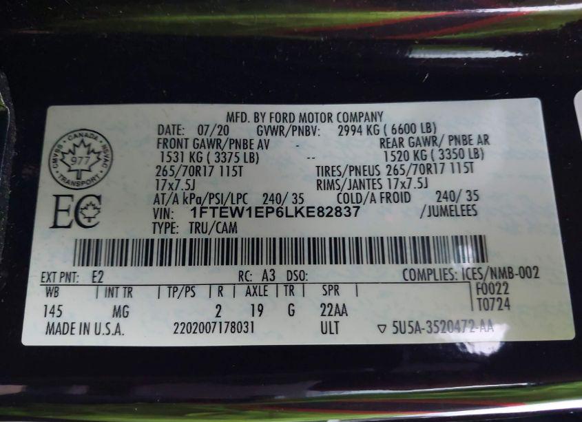 Photo 9 of 2020 Ford F-150 XLT (VIN 1FTEW1EP6LKE82837)