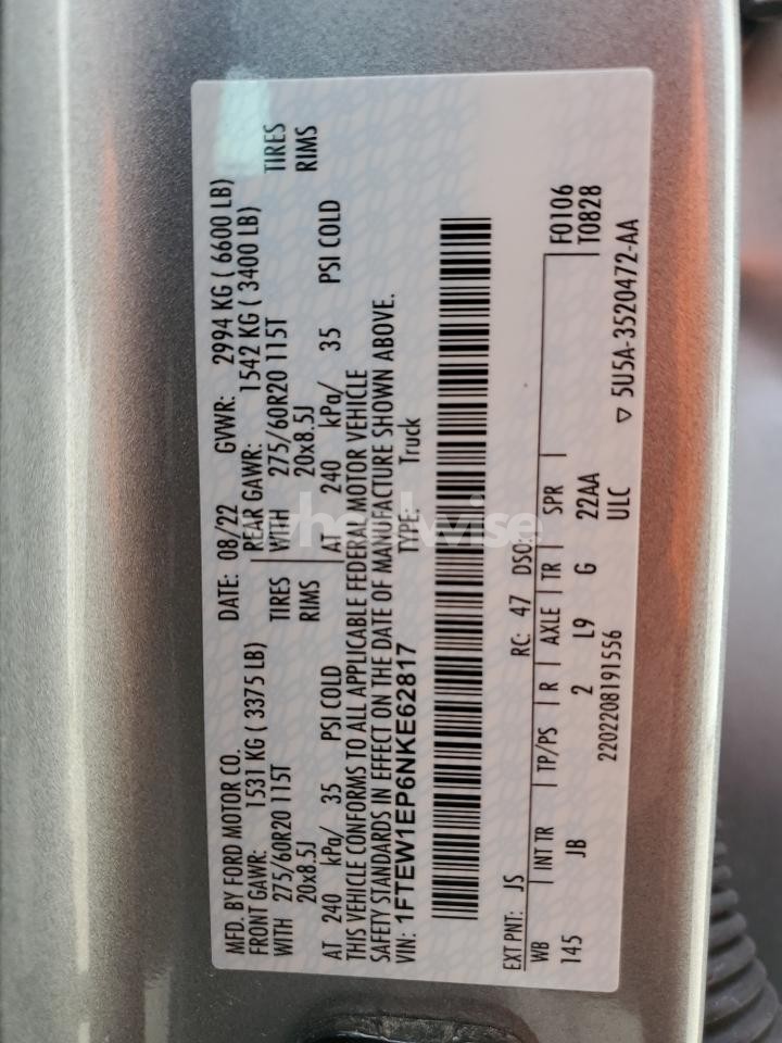 Photo 12 of 2022 FORD F150 SUPERCREW (VIN 1FTEW1EP6NKE62817)