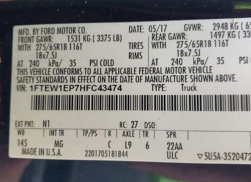 Photo 9 of 2017 Ford F-150 XLT (VIN 1FTEW1EP7HFC43474)