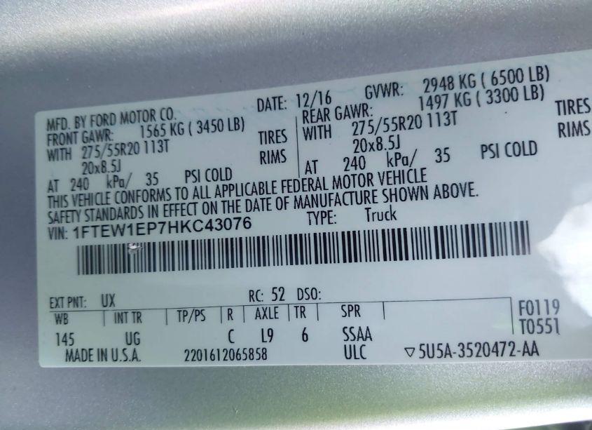 Photo 9 of 2017 Ford F-150 XLT (VIN 1FTEW1EP7HKC43076)