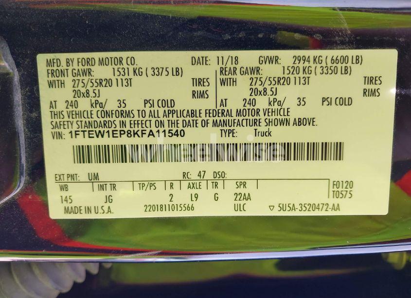 Photo 9 of 2019 Ford F-150 XL (VIN 1FTEW1EP8KFA11540)