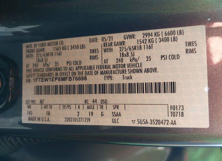 Photo 9 of 2021 Ford F-150 XLT (VIN 1FTEW1EP8MFB76698)