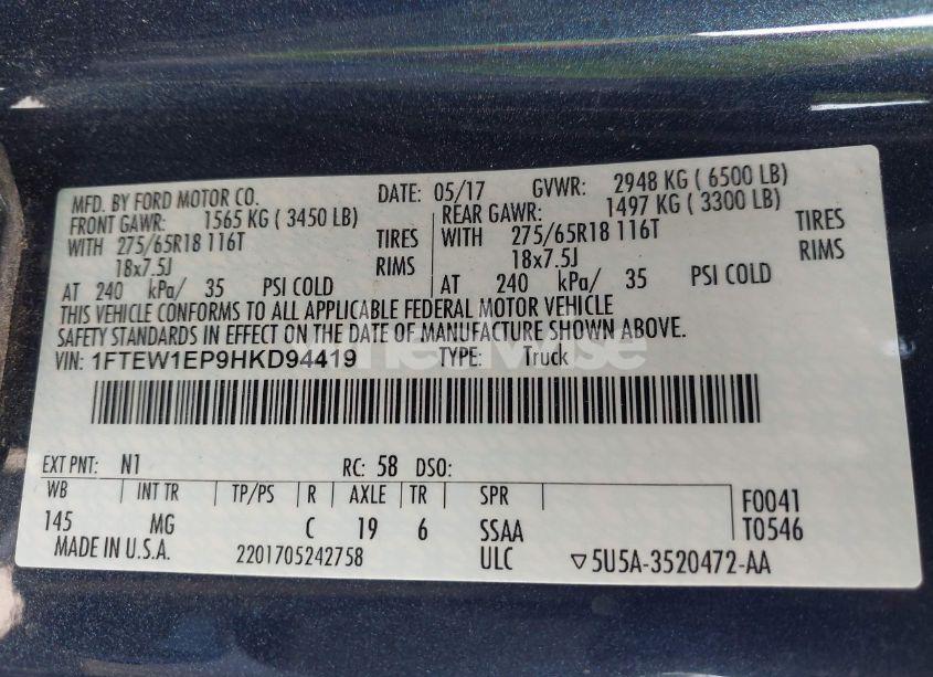 Photo 9 of 2017 Ford F-150 XLT (VIN 1FTEW1EP9HKD94419)