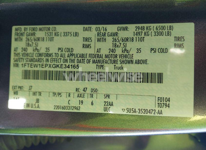Photo 9 of 2016 Ford F-150 XLT (VIN 1FTEW1EPXGKE34165)
