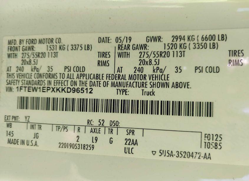 Photo 9 of 2019 Ford F-150 XL (VIN 1FTEW1EPXKKD96512)