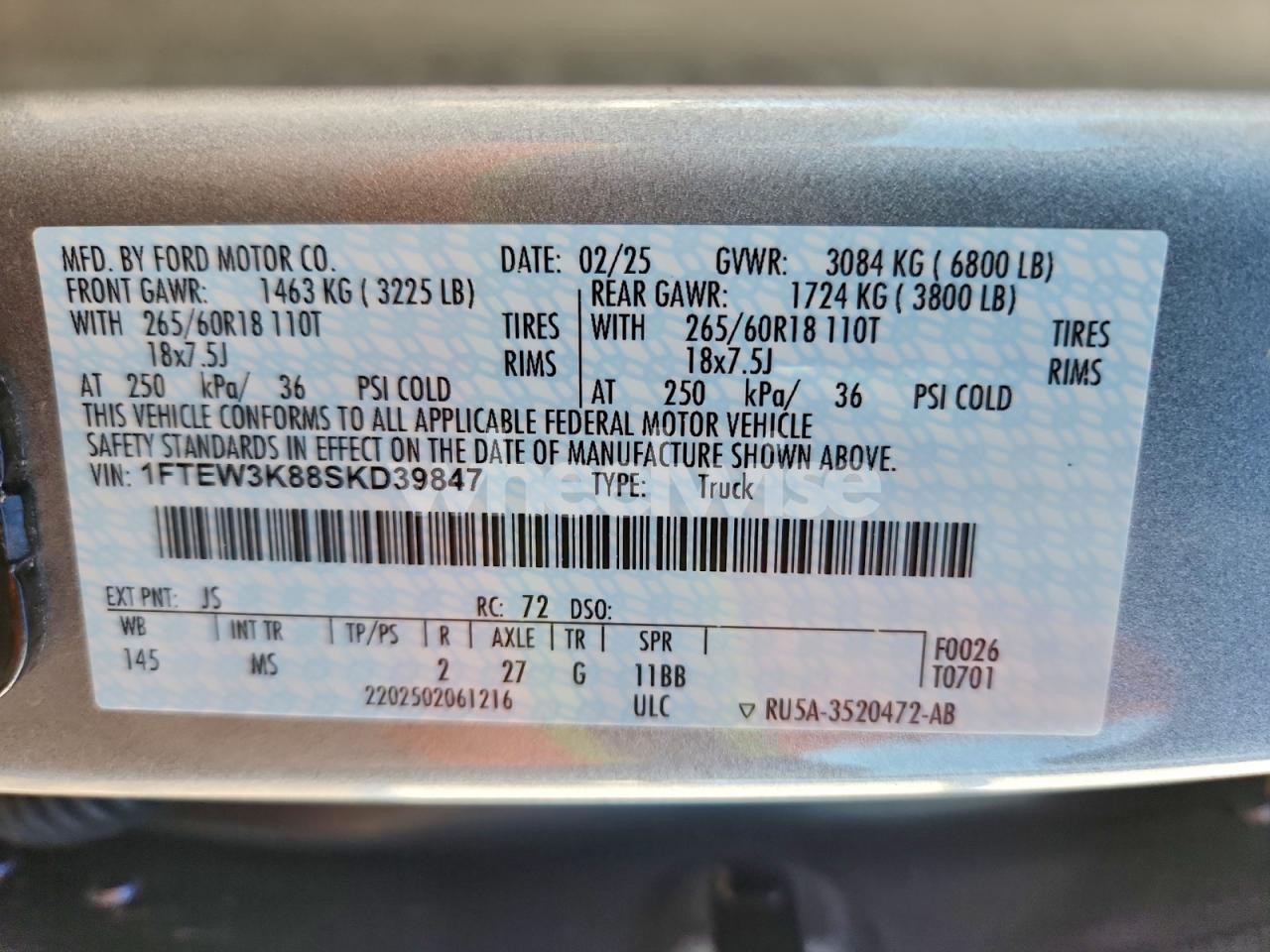 Photo 12 of 2025 FORD F150 XLT (VIN 1FTEW3K88SKD39847)