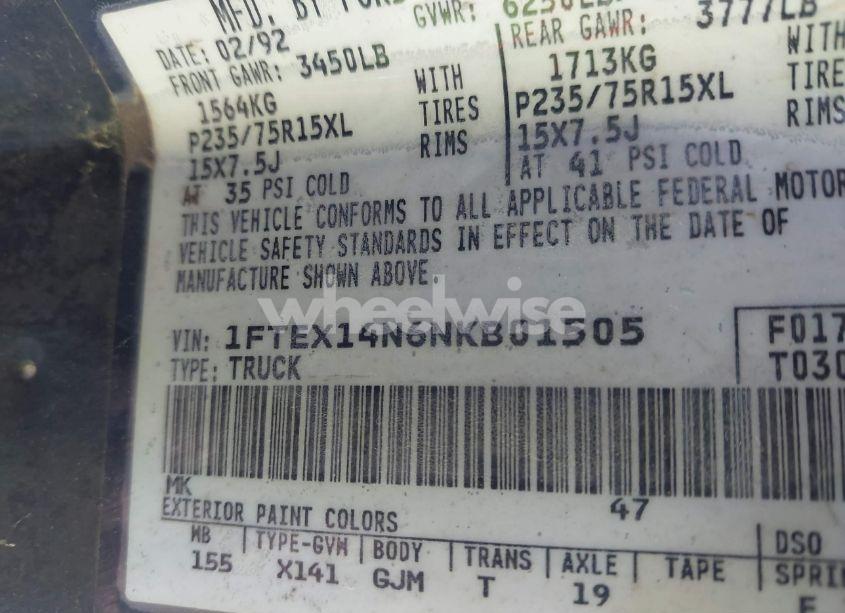 Photo 9 of 1992 Ford F150 (VIN 1FTEX14N6NKB01505)