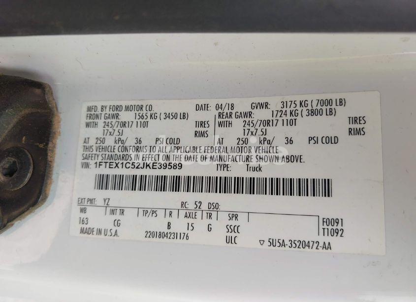 Photo 4 of 2018 Ford F-150 XL (VIN 1FTEX1C52JKE39589)