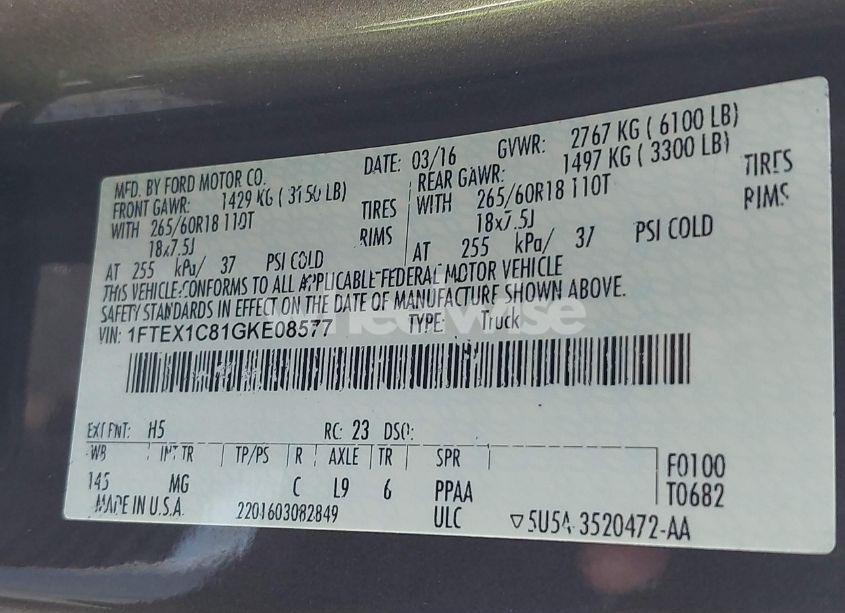 Photo 9 of 2016 Ford F-150 XLT (VIN 1FTEX1C81GKE08577)