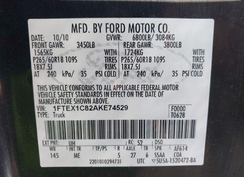 Photo 9 of 2010 Ford F-150 FX2 SPORT/STX/XL/XLT (VIN 1FTEX1C82AKE74529)