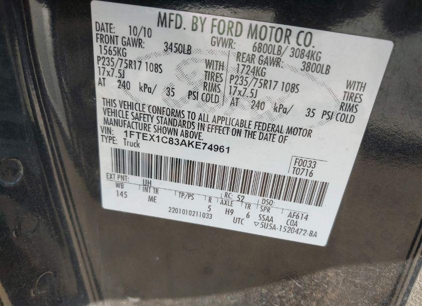 Photo 9 of 2010 Ford F-150 FX2 SPORT/STX/XL/XLT (VIN 1FTEX1C83AKE74961)