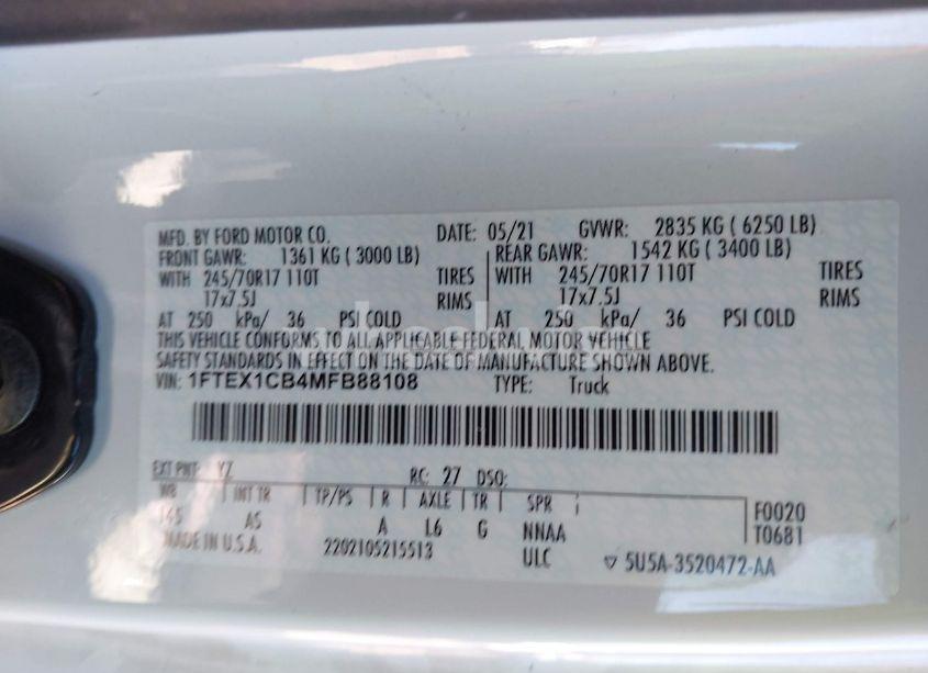 Photo 9 of 2021 Ford F-150 XL (VIN 1FTEX1CB4MFB88108)