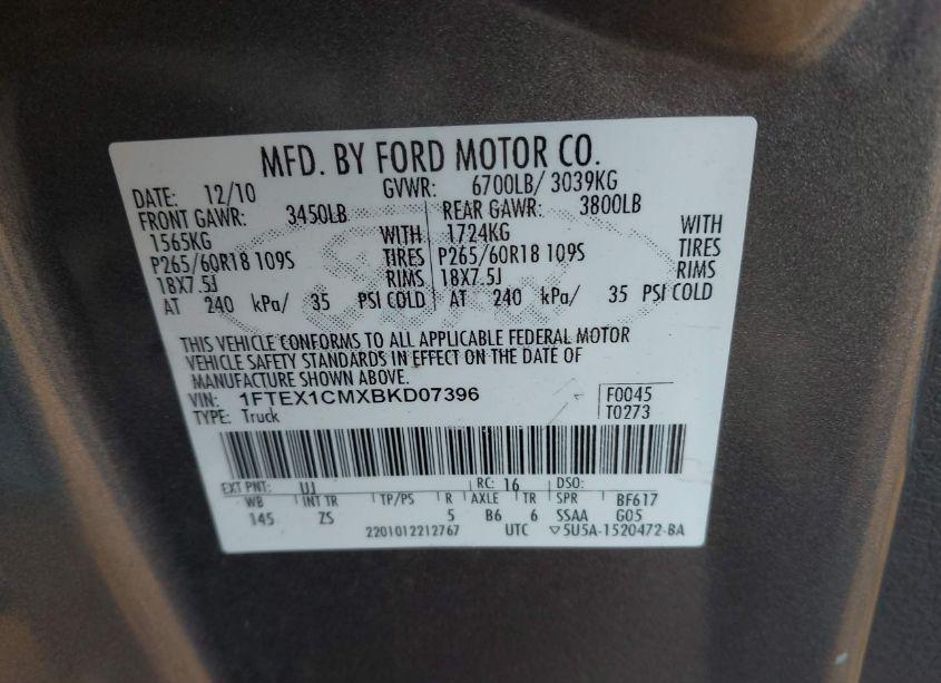 Photo 9 of 2011 Ford F-150 XLT (VIN 1FTEX1CMXBKD07396)