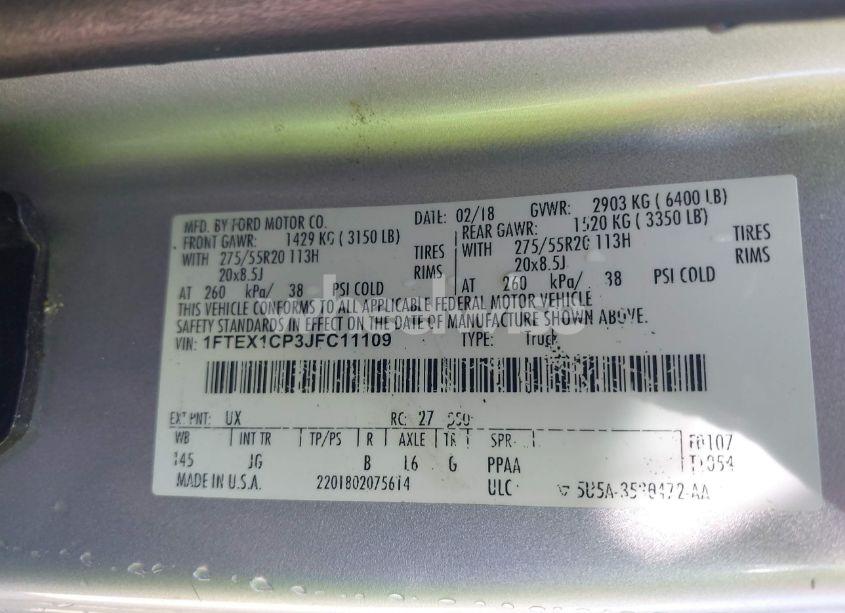 Photo 9 of 2018 Ford F-150 XL (VIN 1FTEX1CP3JFC11109)