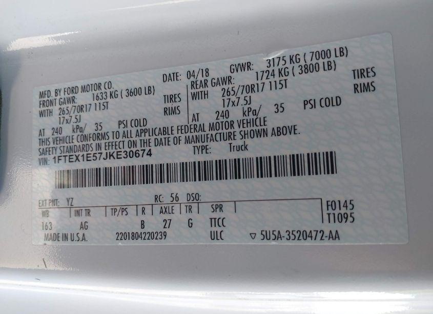 Photo 9 of 2018 Ford F-150 XL (VIN 1FTEX1E57JKE30674)