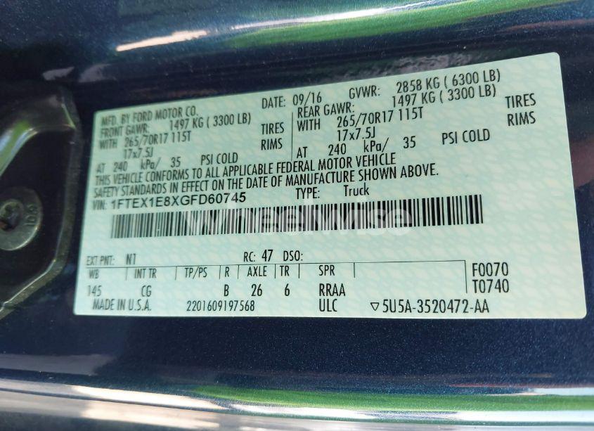 Photo 9 of 2016 Ford F-150 XL (VIN 1FTEX1E8XGFD60745)