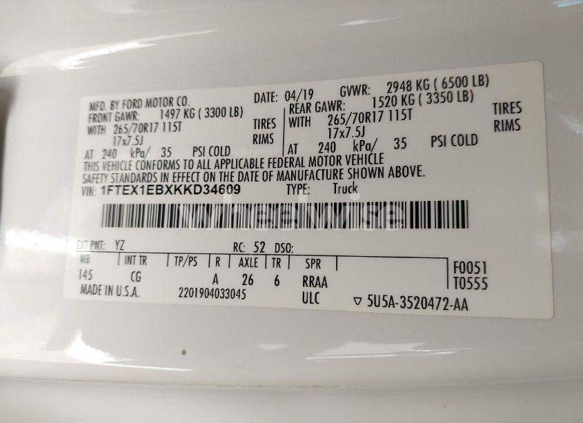 Photo 9 of 2019 Ford F-150 XL (VIN 1FTEX1EBXKKD34609)