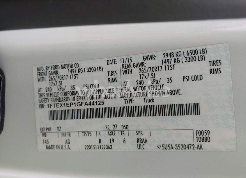 Photo 9 of 2016 Ford F-150 XL (VIN 1FTEX1EP1GFA44125)
