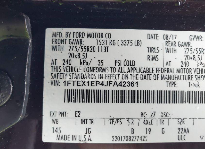 Photo 9 of 2018 Ford F-150 XL (VIN 1FTEX1EP4JFA42361)