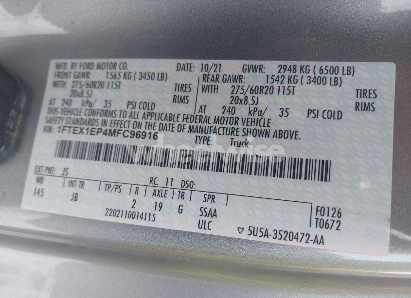 Photo 9 of 2021 Ford F-150 XL (VIN 1FTEX1EP4MFC96916)