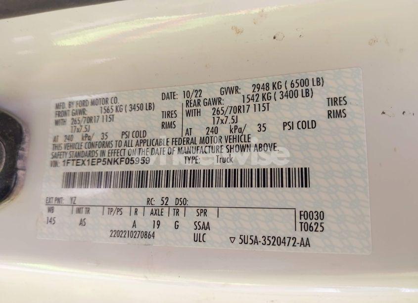 Photo 9 of 2022 Ford F-150 XL (VIN 1FTEX1EP5NKF05959)