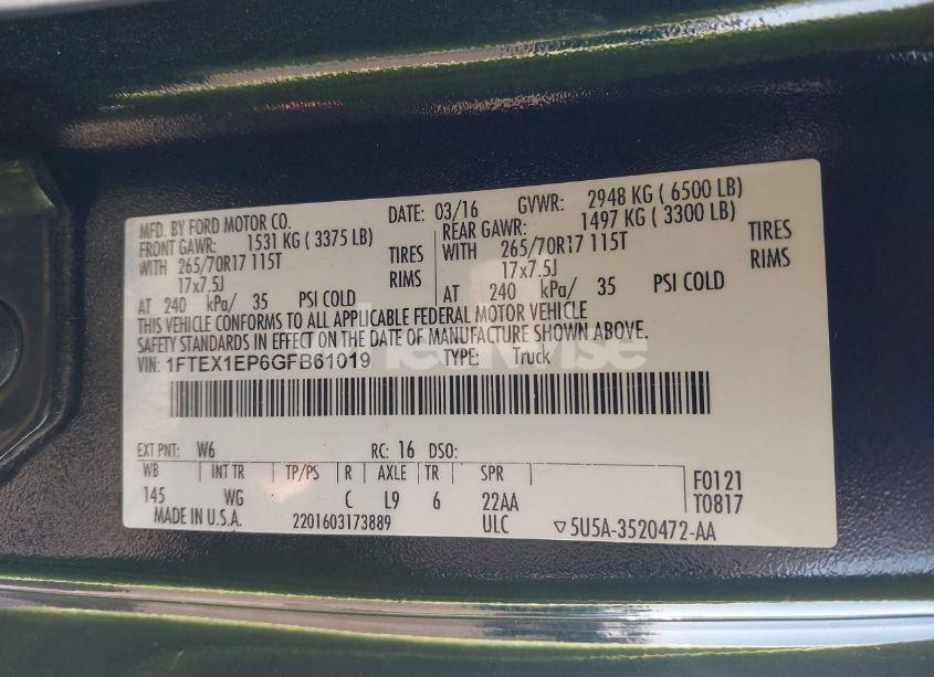 Photo 9 of 2016 Ford F-150 XL (VIN 1FTEX1EP6GFB61019)