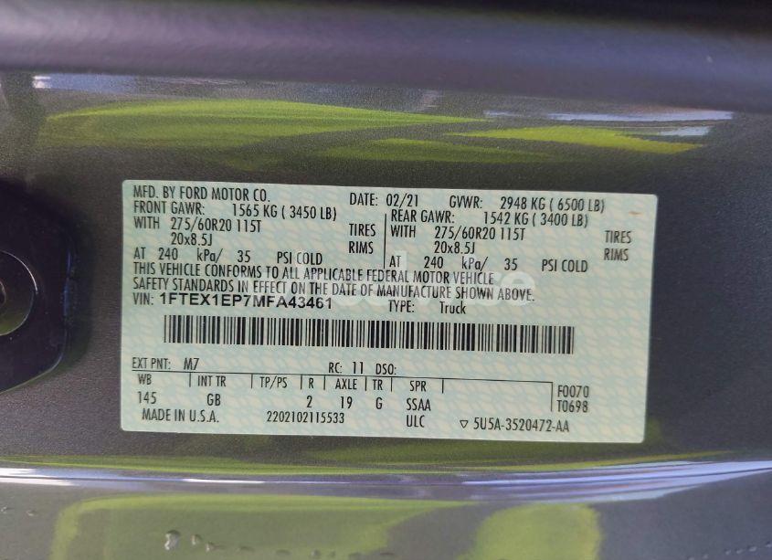 Photo 9 of 2021 Ford F-150 XL (VIN 1FTEX1EP7MFA43461)