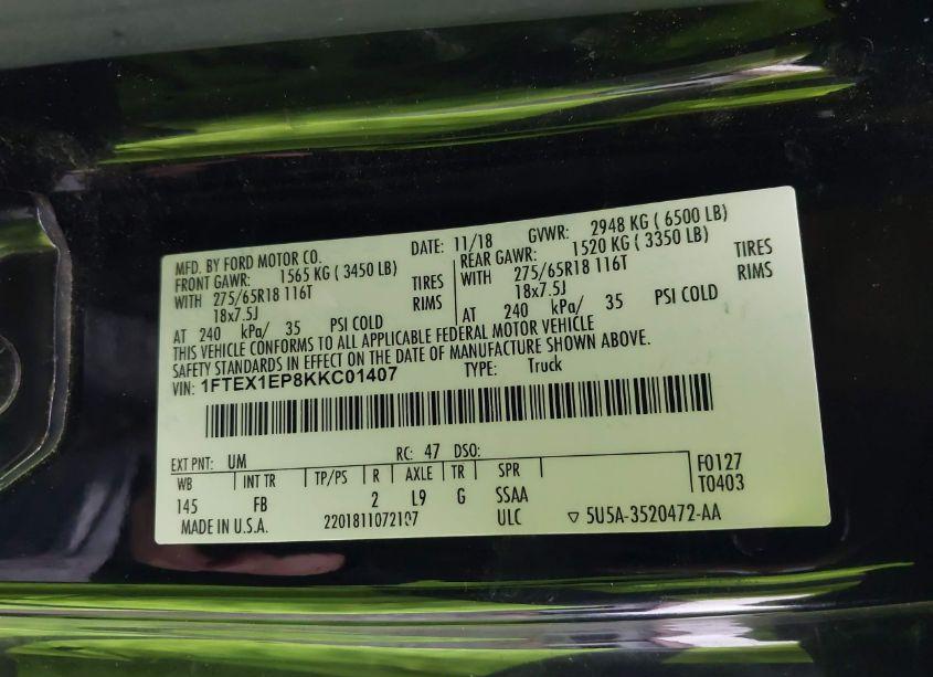 Photo 9 of 2019 Ford F-150 XLT (VIN 1FTEX1EP8KKC01407)