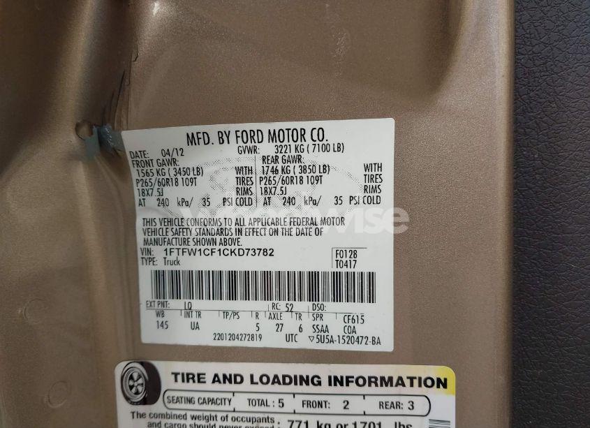 Photo 9 of 2012 Ford F-150 XLT (VIN 1FTFW1CF1CKD73782)