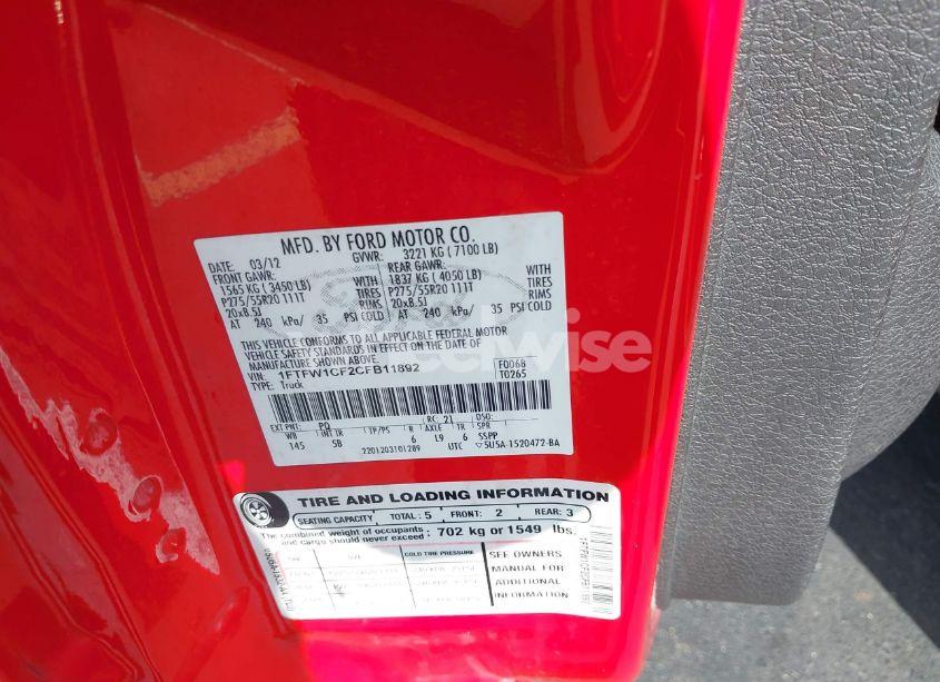 Photo 9 of 2012 Ford F-150 FX2 (VIN 1FTFW1CF2CFB11892)