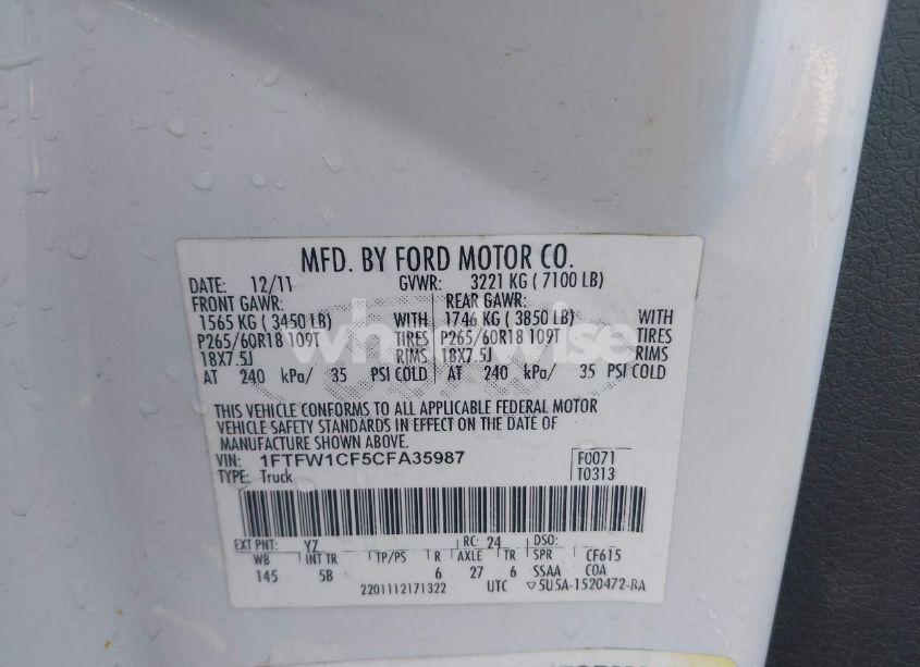 Photo 9 of 2012 Ford F-150 FX2 (VIN 1FTFW1CF5CFA35987)