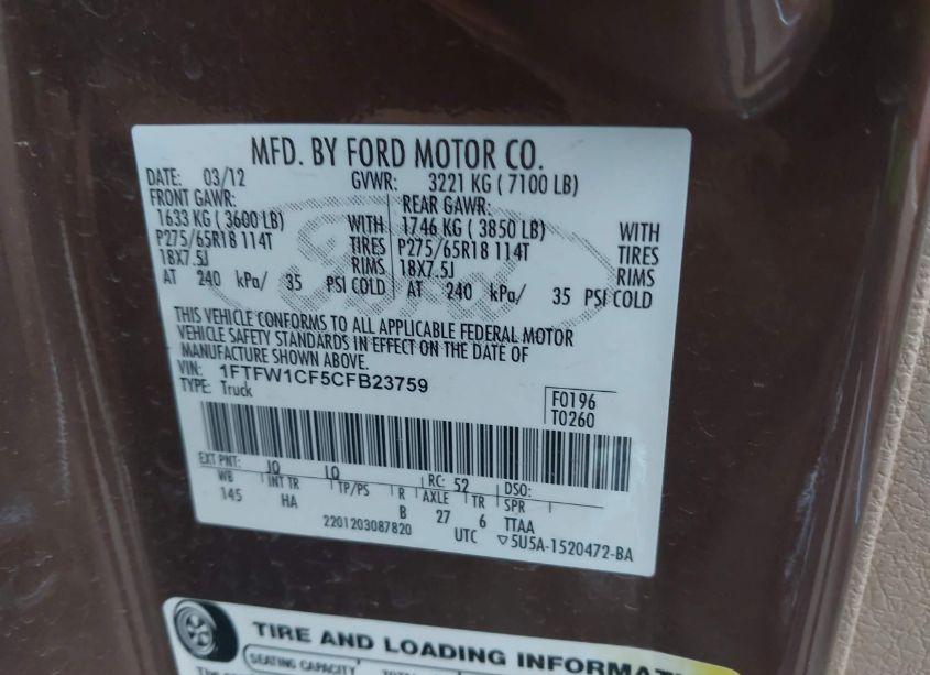 Photo 9 of 2012 Ford F-150 LARIAT (VIN 1FTFW1CF5CFB23759)