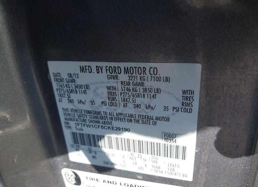 Photo 9 of 2012 Ford F-150 XLT (VIN 1FTFW1CF5CKE29190)