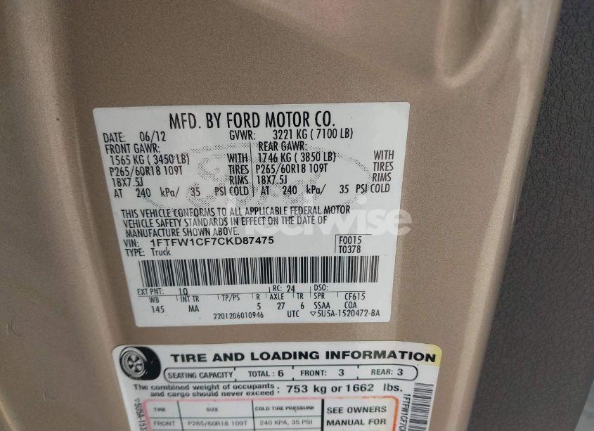 Photo 9 of 2012 Ford F-150 XLT (VIN 1FTFW1CF7CKD87475)