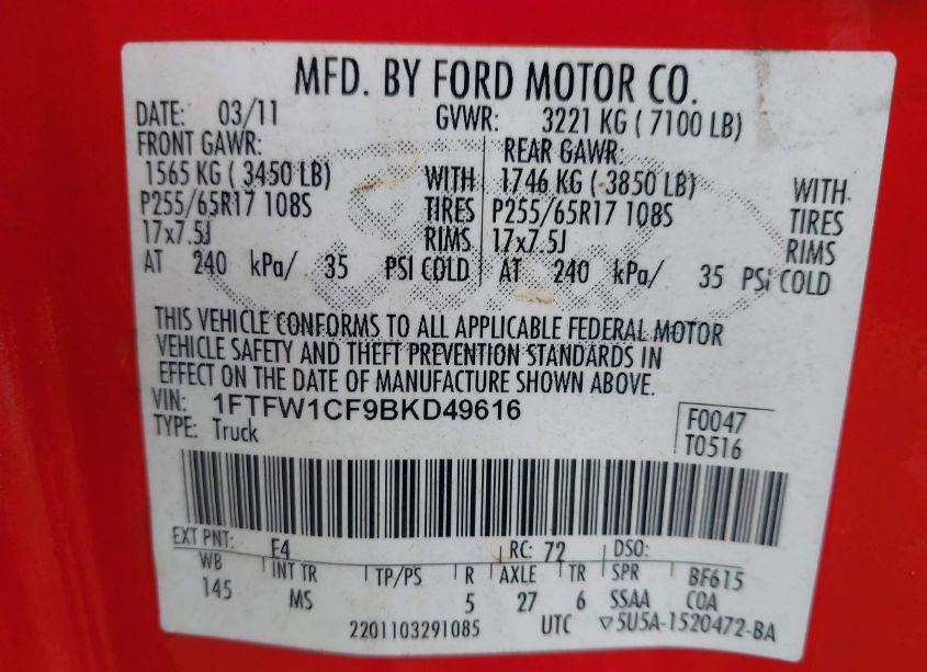 Photo 9 of 2011 Ford F-150 XLT (VIN 1FTFW1CF9BKD49616)