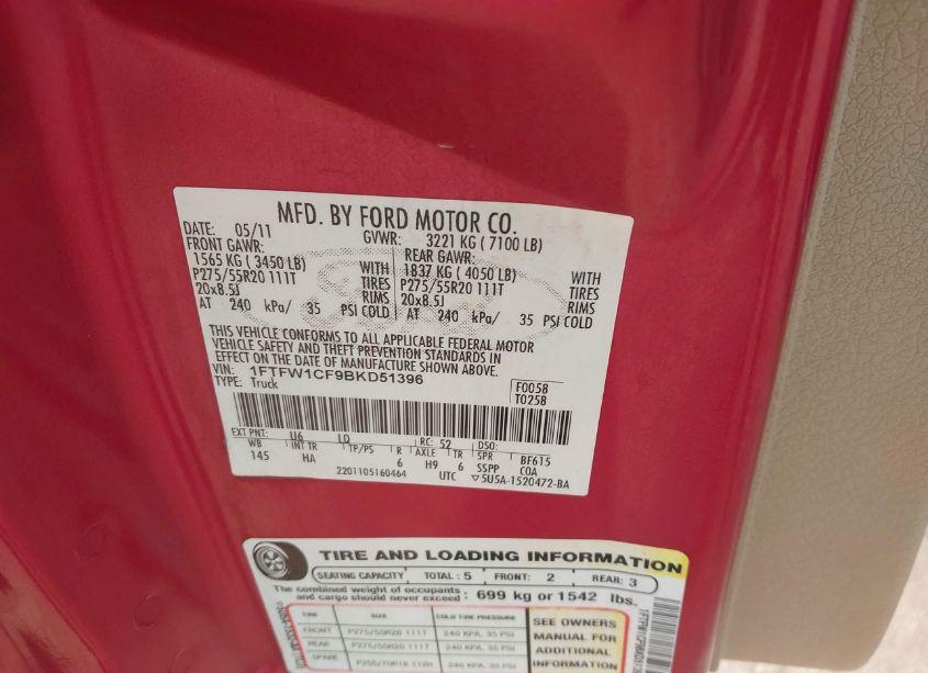 Photo 9 of 2011 Ford F-150 LARIAT (VIN 1FTFW1CF9BKD51396)