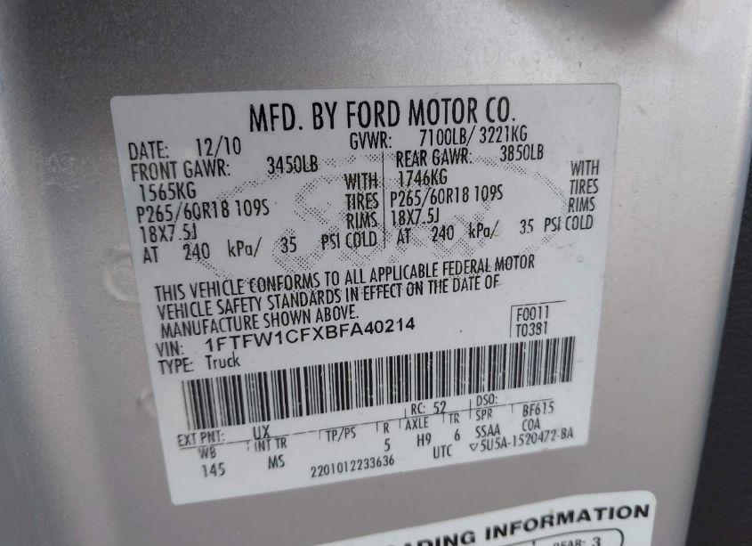 Photo 9 of 2011 Ford F-150 XLT (VIN 1FTFW1CFXBFA40214)