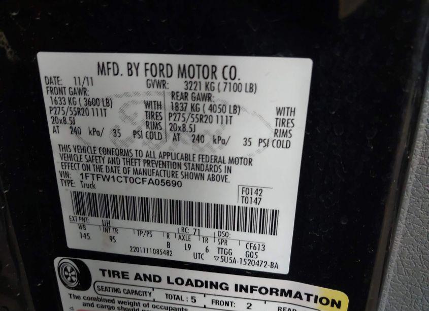 Photo 9 of 2012 Ford F-150 PLATINUM (VIN 1FTFW1CT0CFA05690)